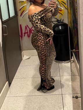 Fashion Nova Leopard Print Off-Shoulder Lace-Up Maxi Dress - Brown